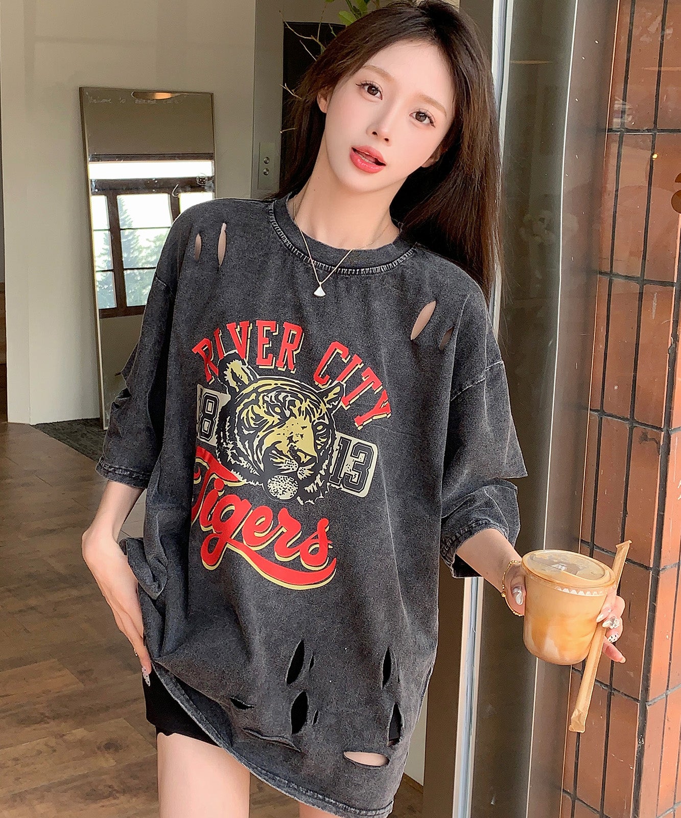 DEVICE select タイガープリント ダメージ加工 ピグメント 半袖 Tシャツ メンズ レディース