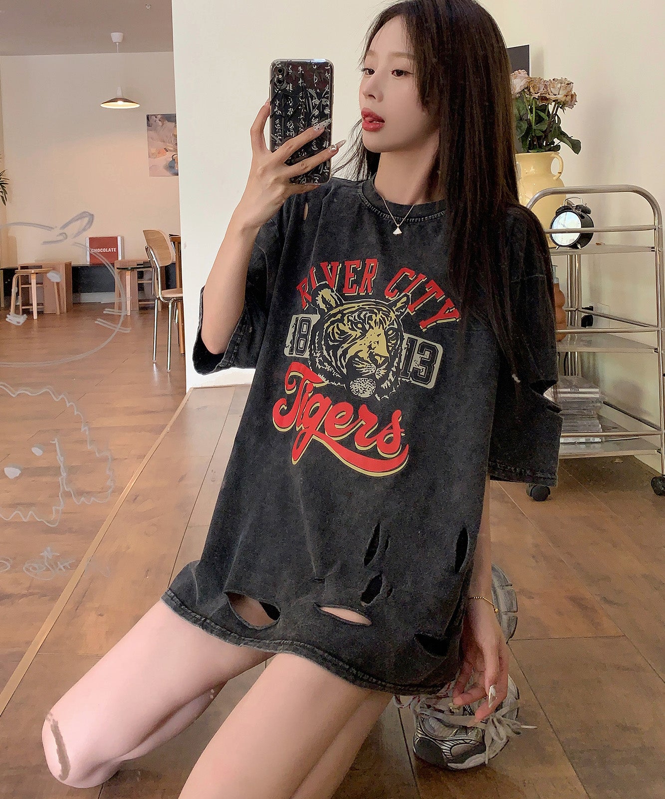 DEVICE select タイガープリント ダメージ加工 ピグメント 半袖 Tシャツ メンズ レディース