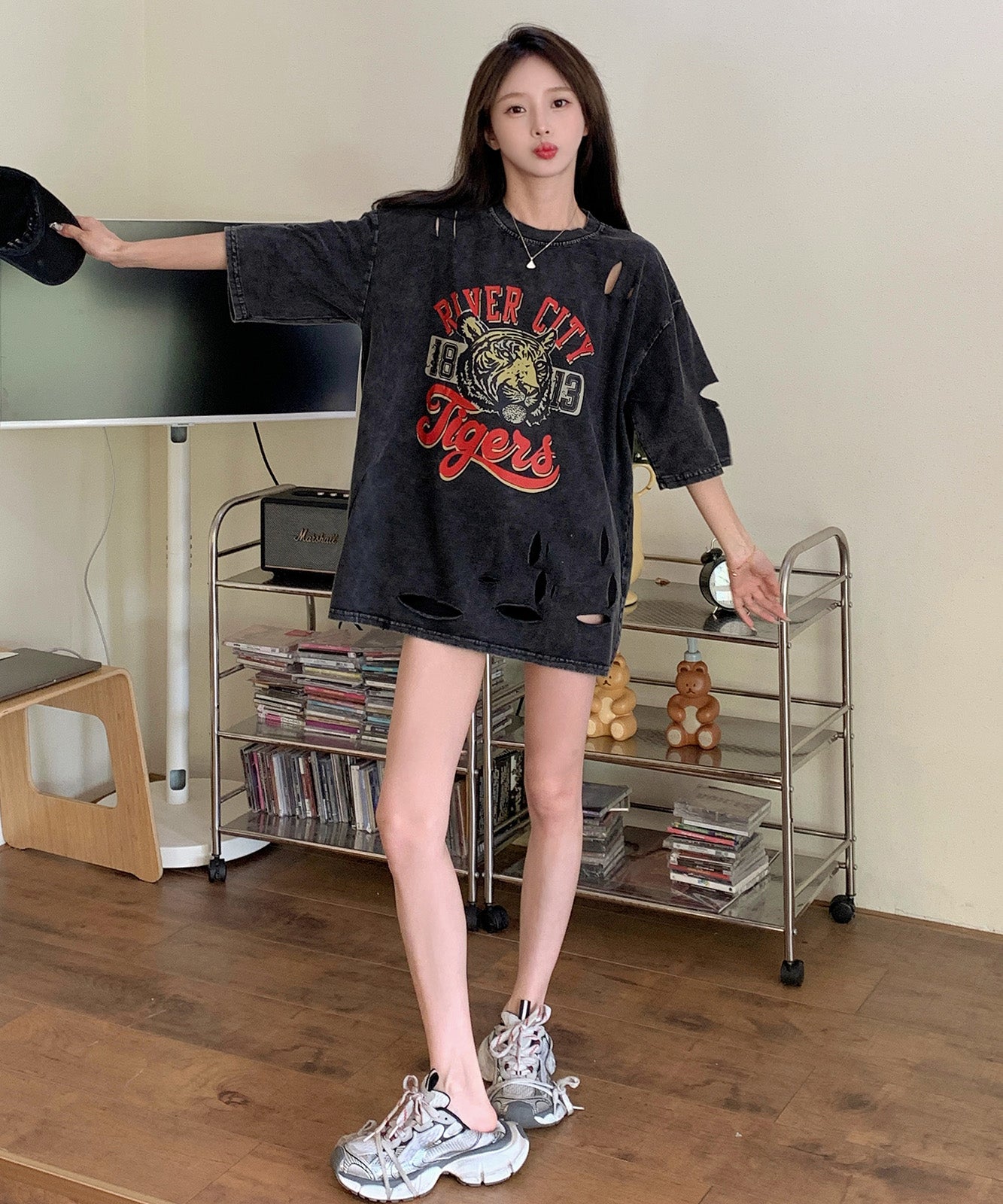 DEVICE select タイガープリント ダメージ加工 ピグメント 半袖 Tシャツ メンズ レディース