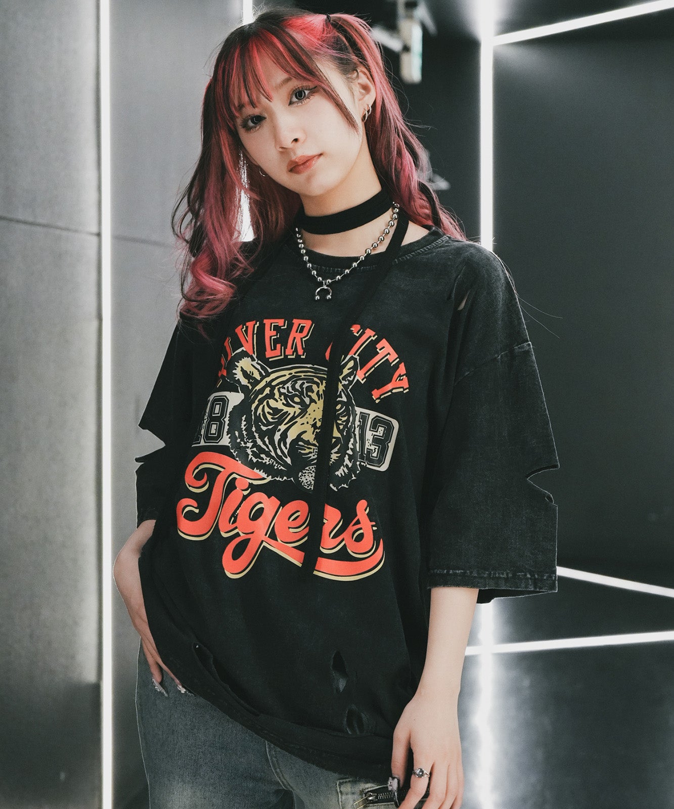 DEVICE select タイガープリント ダメージ加工 ピグメント 半袖 Tシャツ メンズ レディース