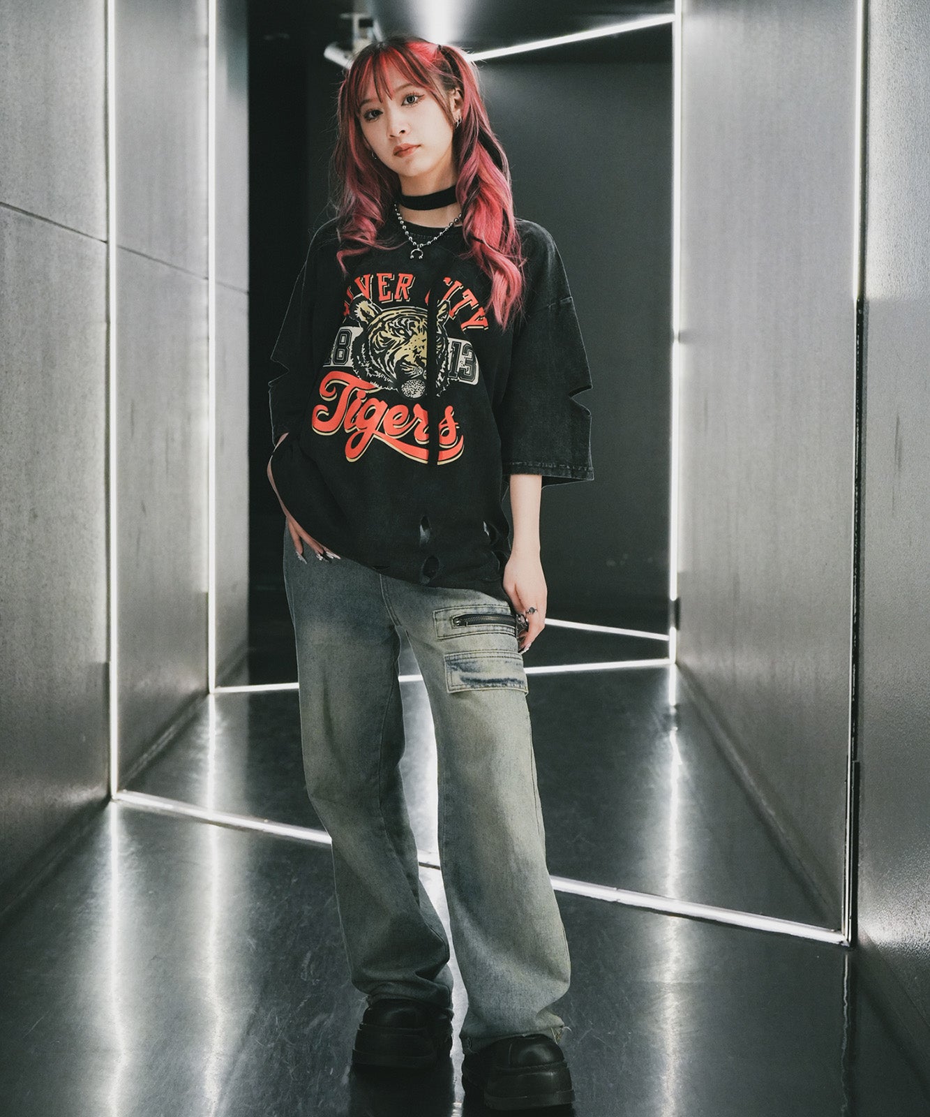 DEVICE select タイガープリント ダメージ加工 ピグメント 半袖 Tシャツ メンズ レディース