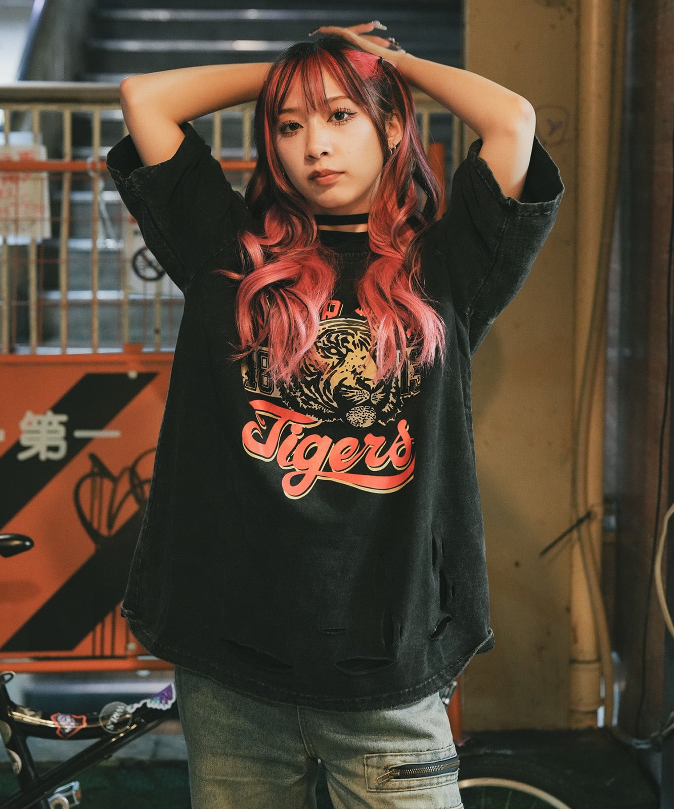 DEVICE select タイガープリント ダメージ加工 ピグメント 半袖 Tシャツ メンズ レディース