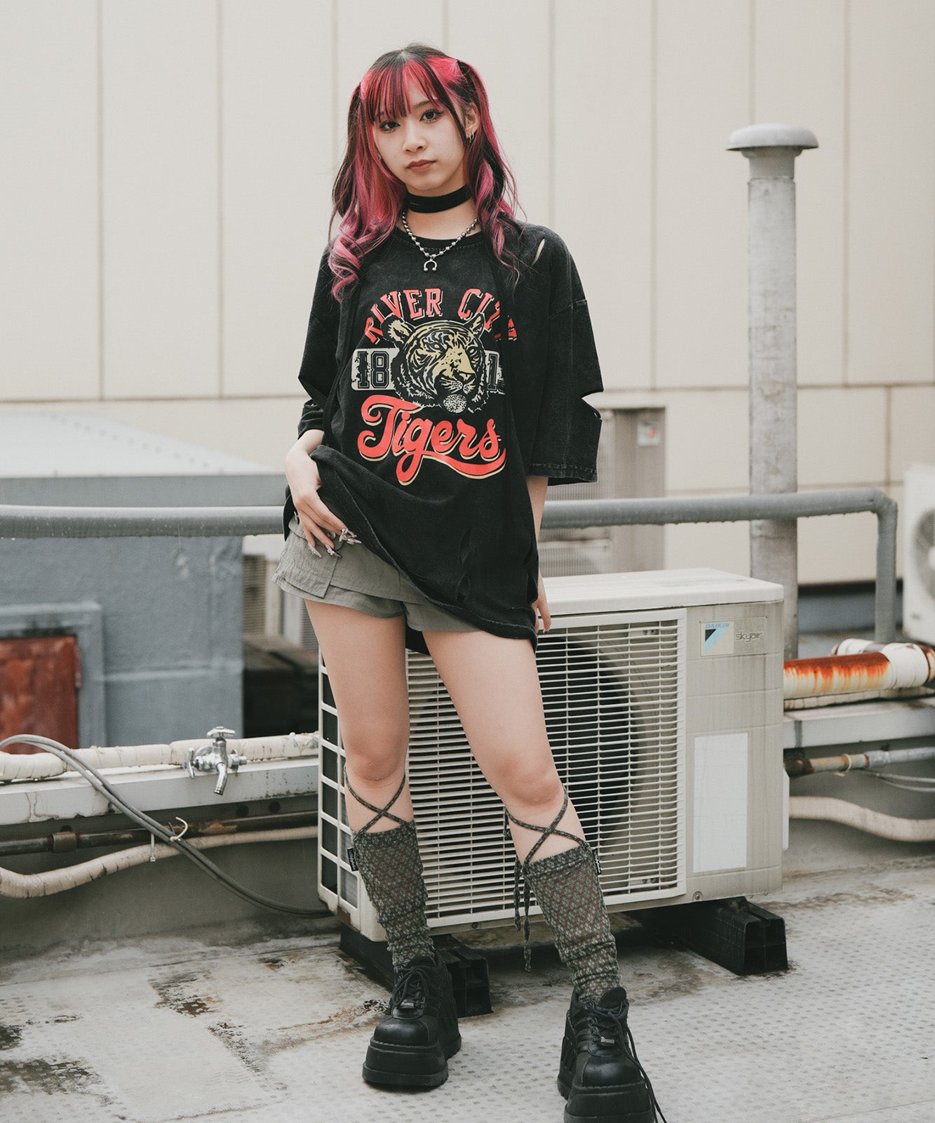 DEVICE select タイガープリント ダメージ加工 ピグメント 半袖 Tシャツ メンズ レディース