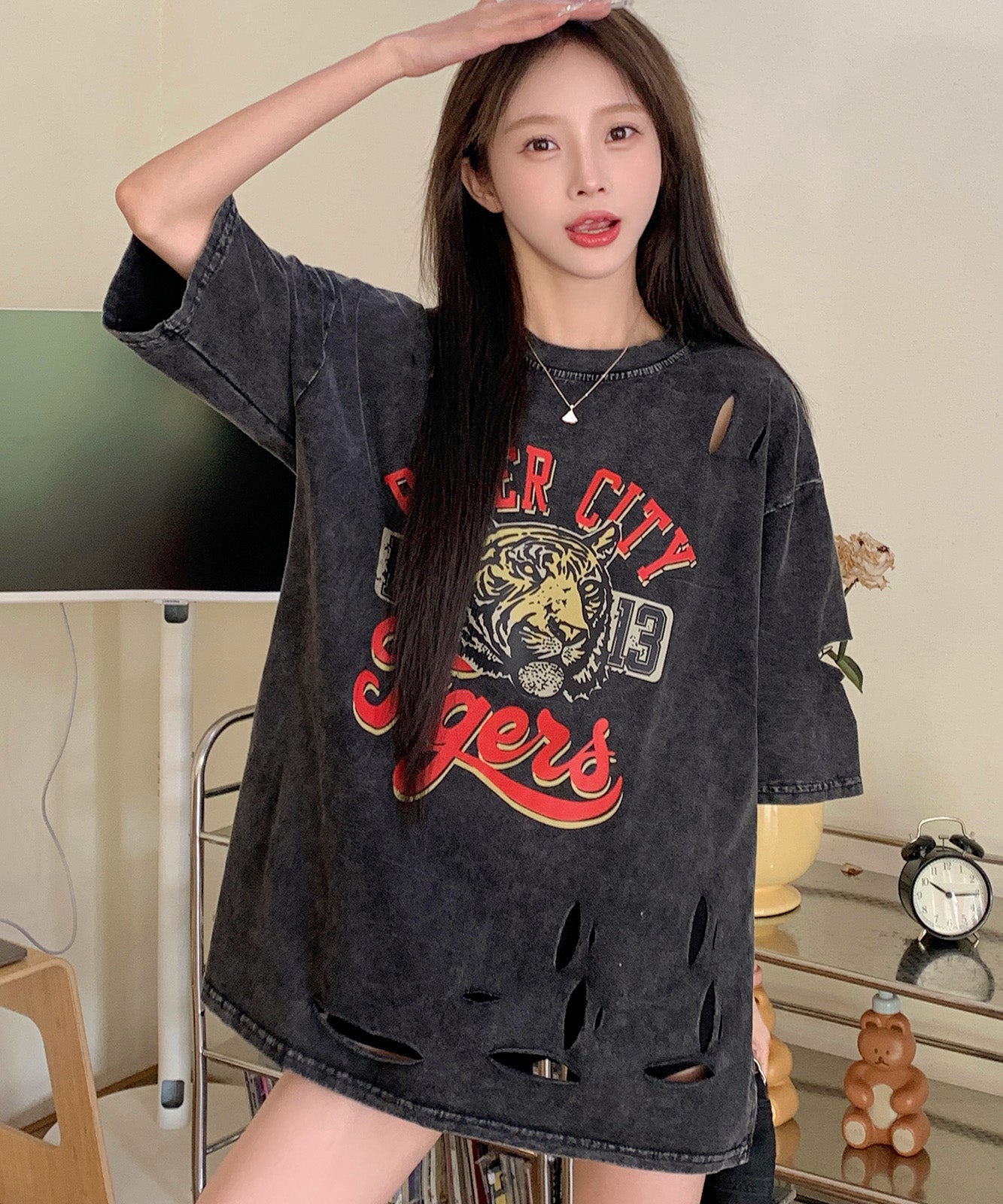 DEVICE select タイガープリント ダメージ加工 ピグメント 半袖 Tシャツ メンズ レディース