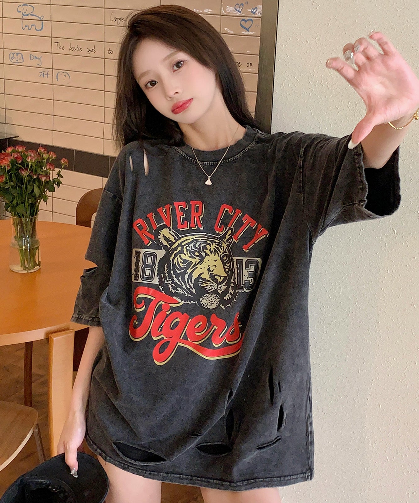 DEVICE select タイガープリント ダメージ加工 ピグメント 半袖 Tシャツ メンズ レディース