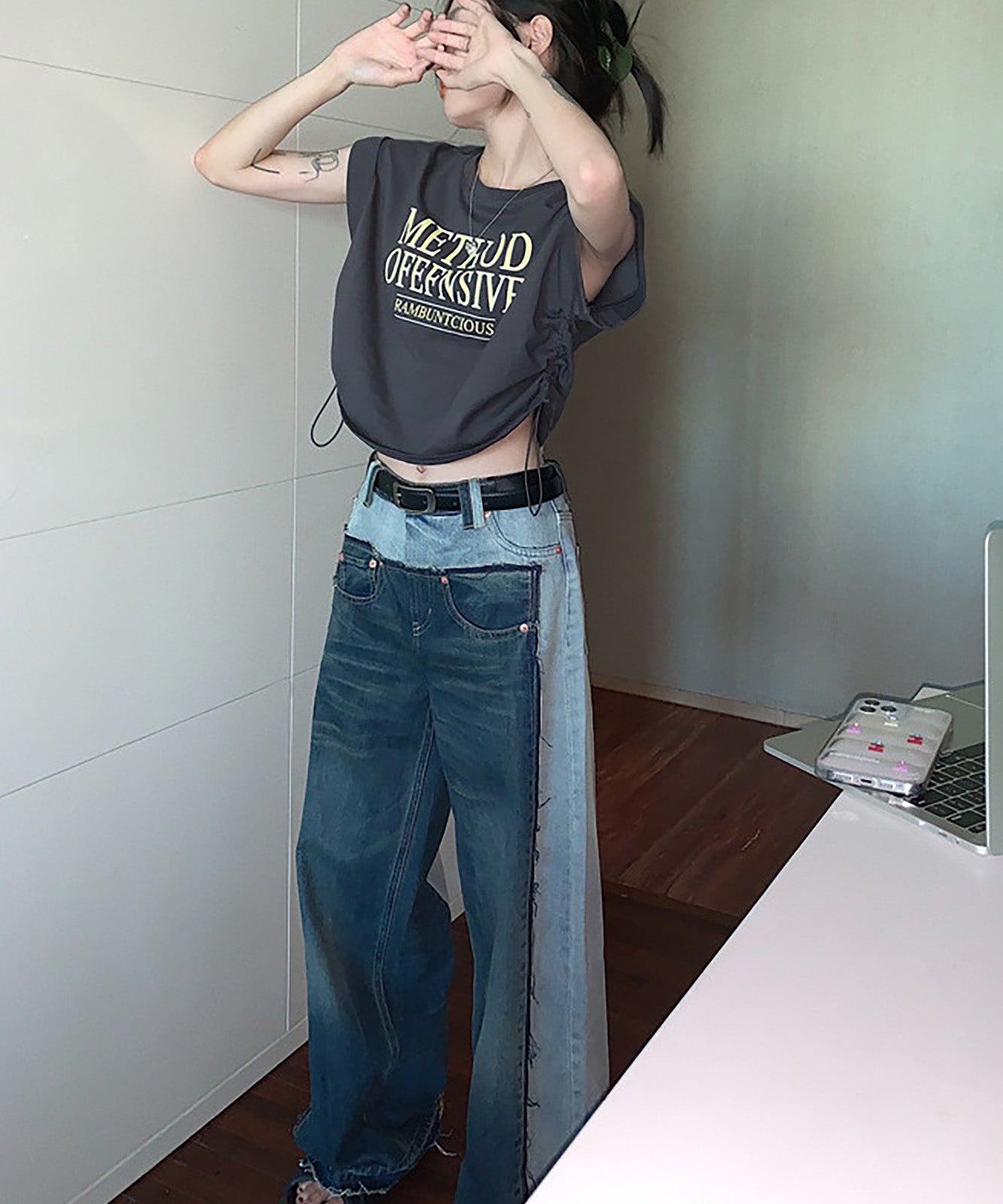 DEVICE select Y2K クロップド ショート丈 ドロースト ヴィンテージライク 古着半袖Tシャツ レディース