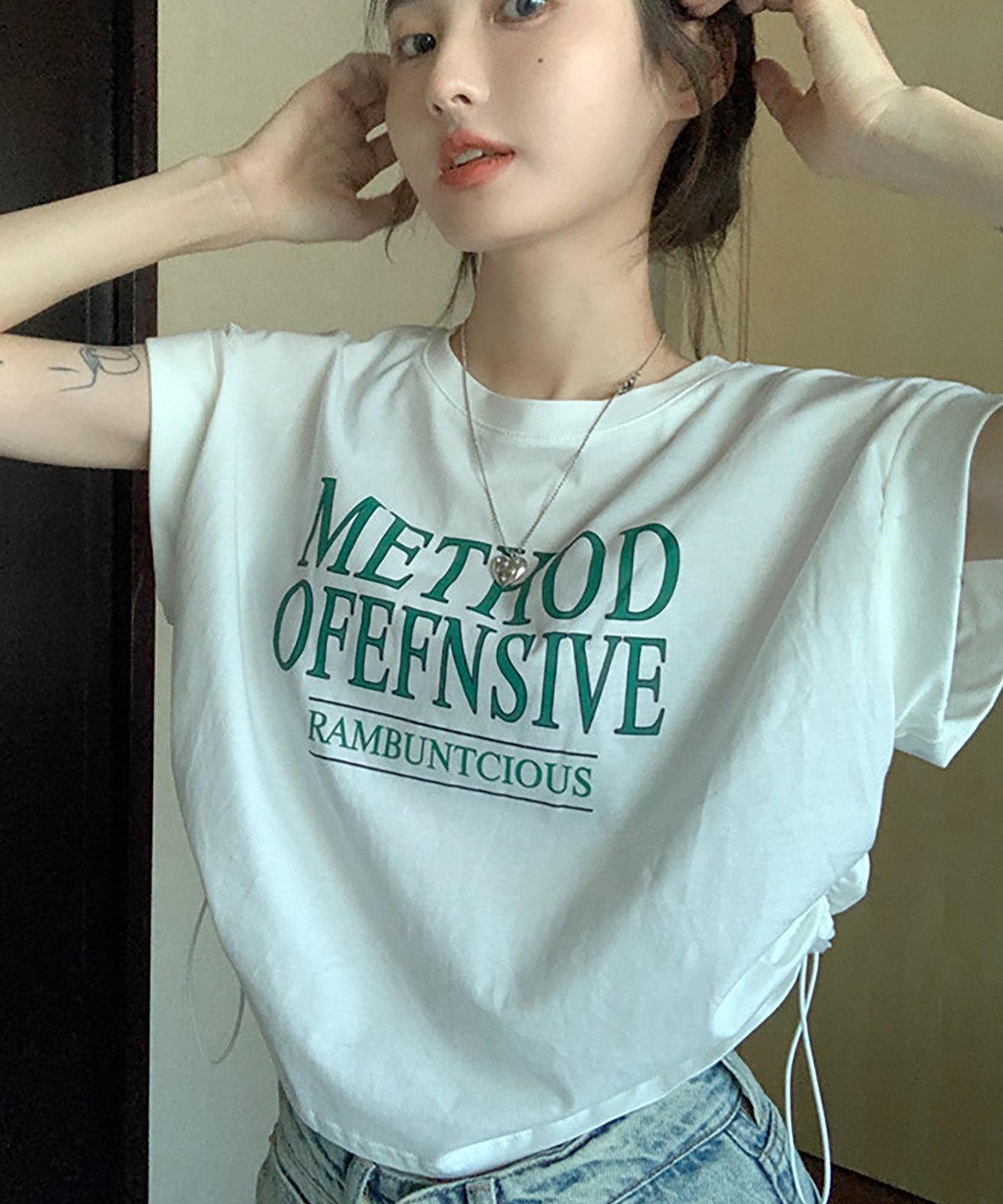 DEVICE select Y2K クロップド ショート丈 ドロースト ヴィンテージライク 古着半袖Tシャツ レディース