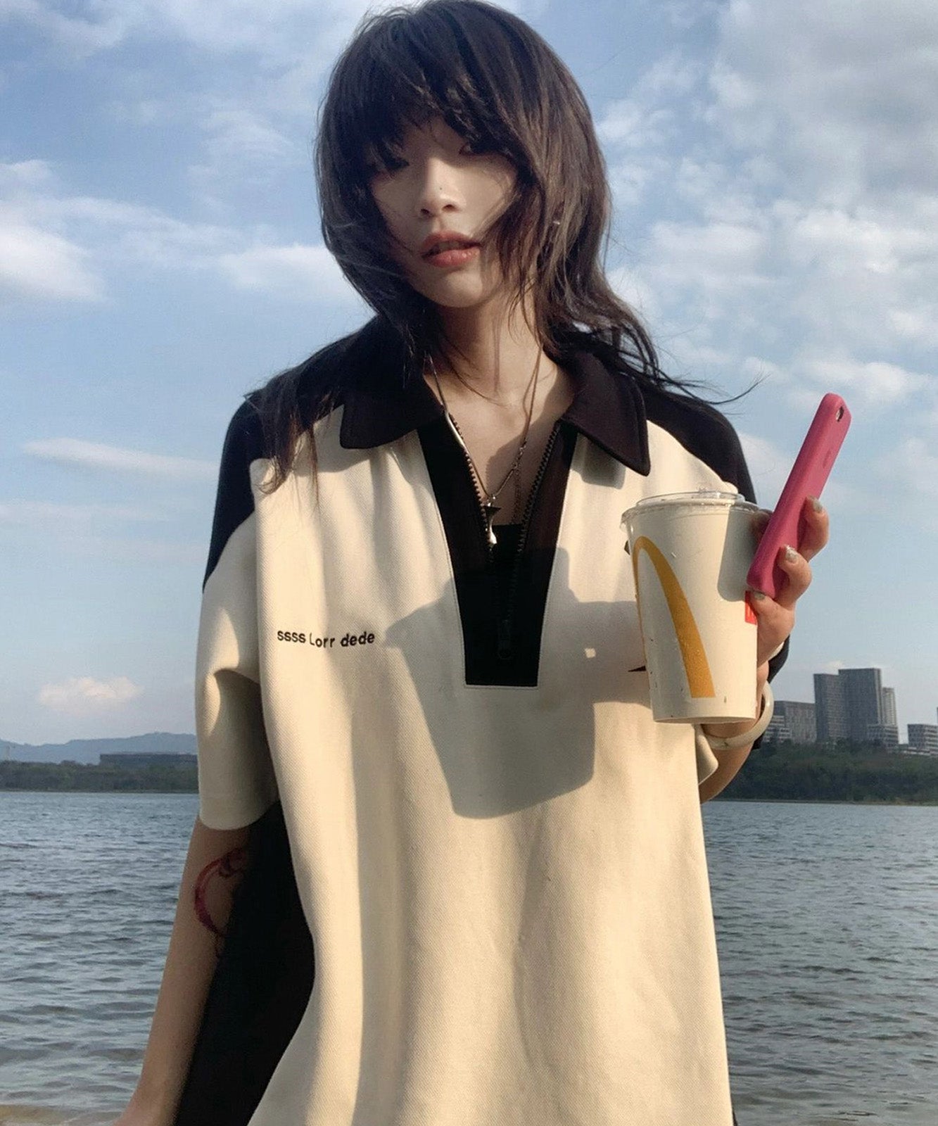 DEVICE select ハーフジップ スター ビッグシルエット 半袖 ポロシャツ Tシャツ メンズ レディース