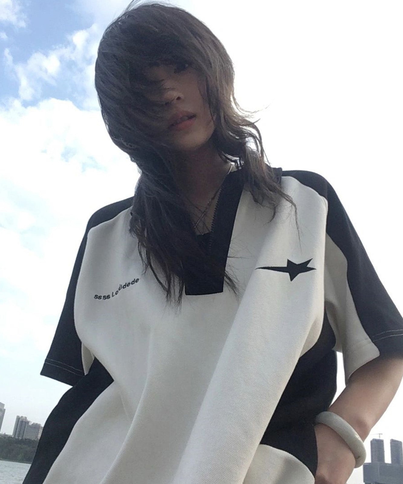 DEVICE select ハーフジップ スター ビッグシルエット 半袖 ポロシャツ Tシャツ メンズ レディース