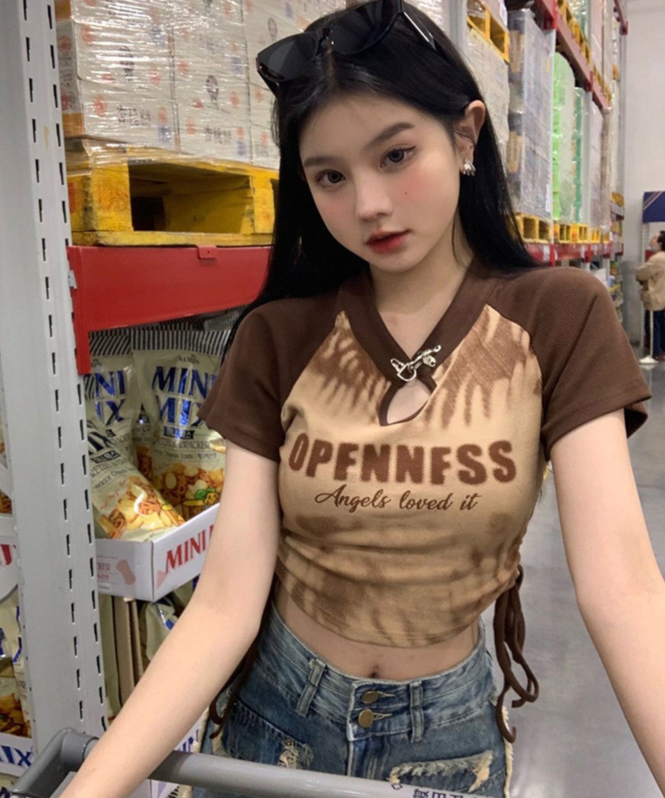 DEVICE select チャイナ風 スリット カットアウト タイダイ Y2K ストリート Tシャツ ちびTシャツ レディース