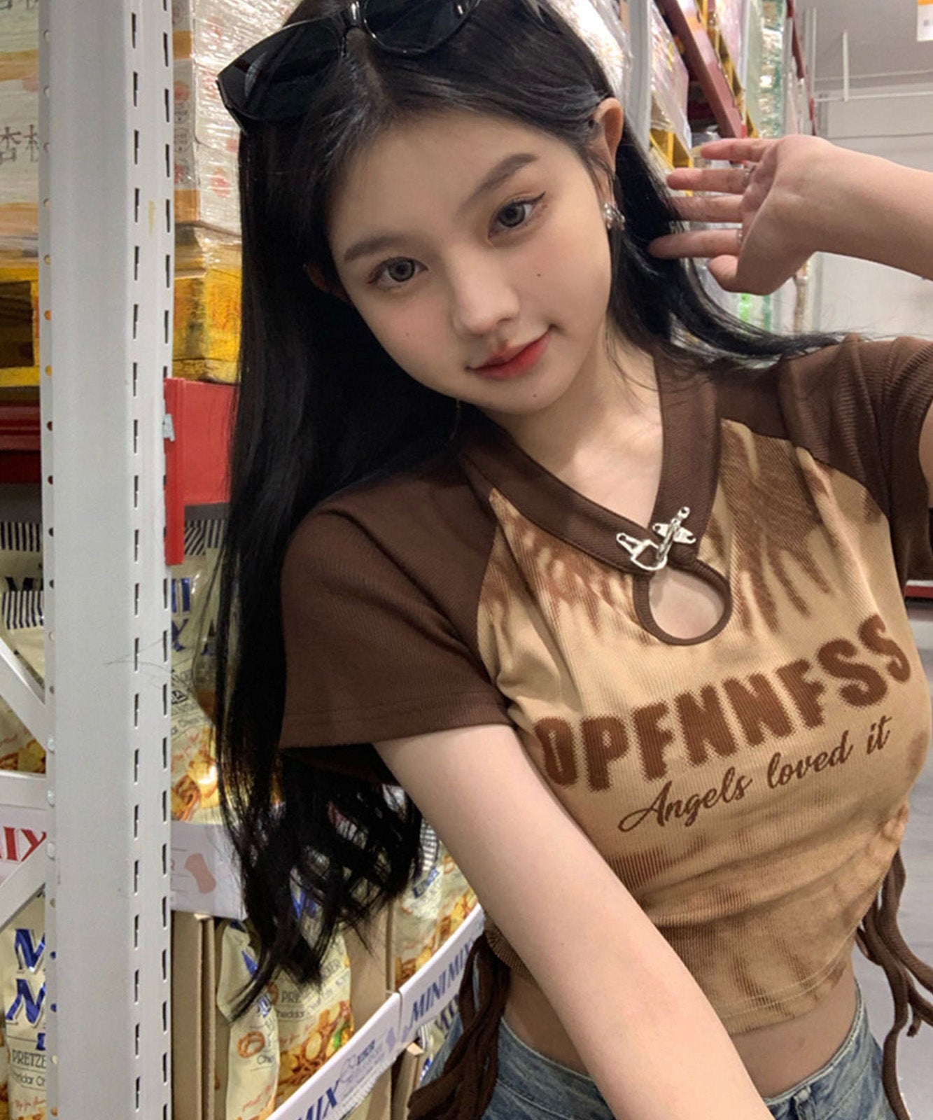 DEVICE select チャイナ風 スリット カットアウト タイダイ Y2K ストリート Tシャツ ちびTシャツ レディース