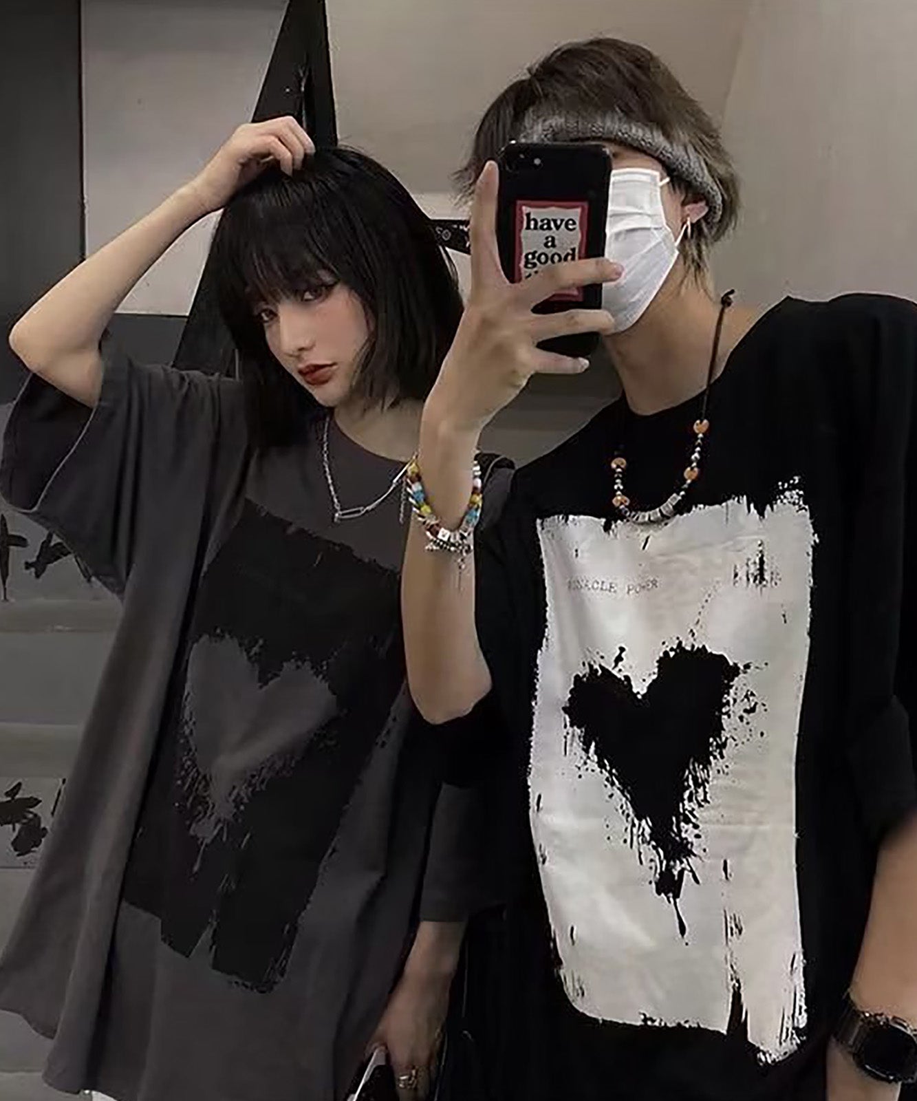 DEVICE select ヴィンテージライク ハート プリント 古着風 半袖 ビッグシルエット Tシャツ メンズ レディース