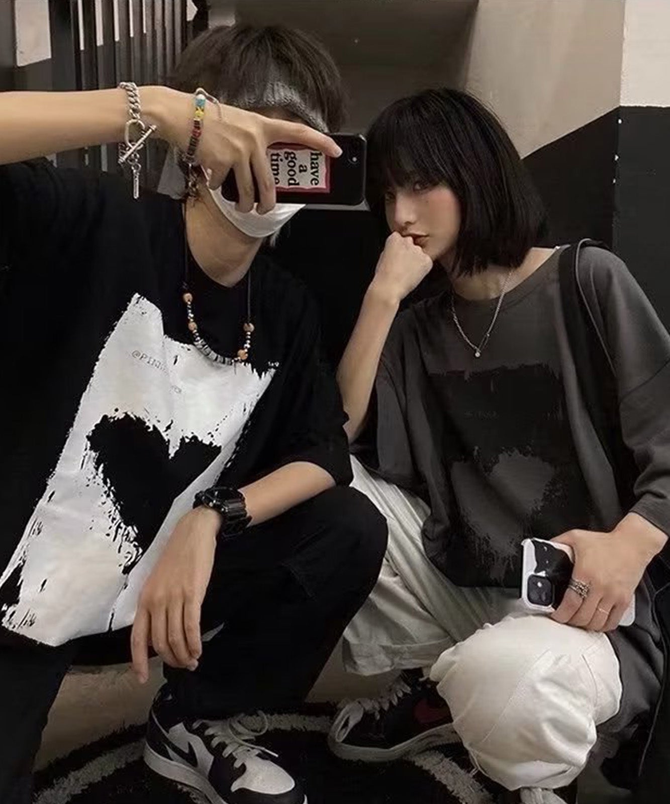 DEVICE select ヴィンテージライク ハート プリント 古着風 半袖 ビッグシルエット Tシャツ メンズ レディース
