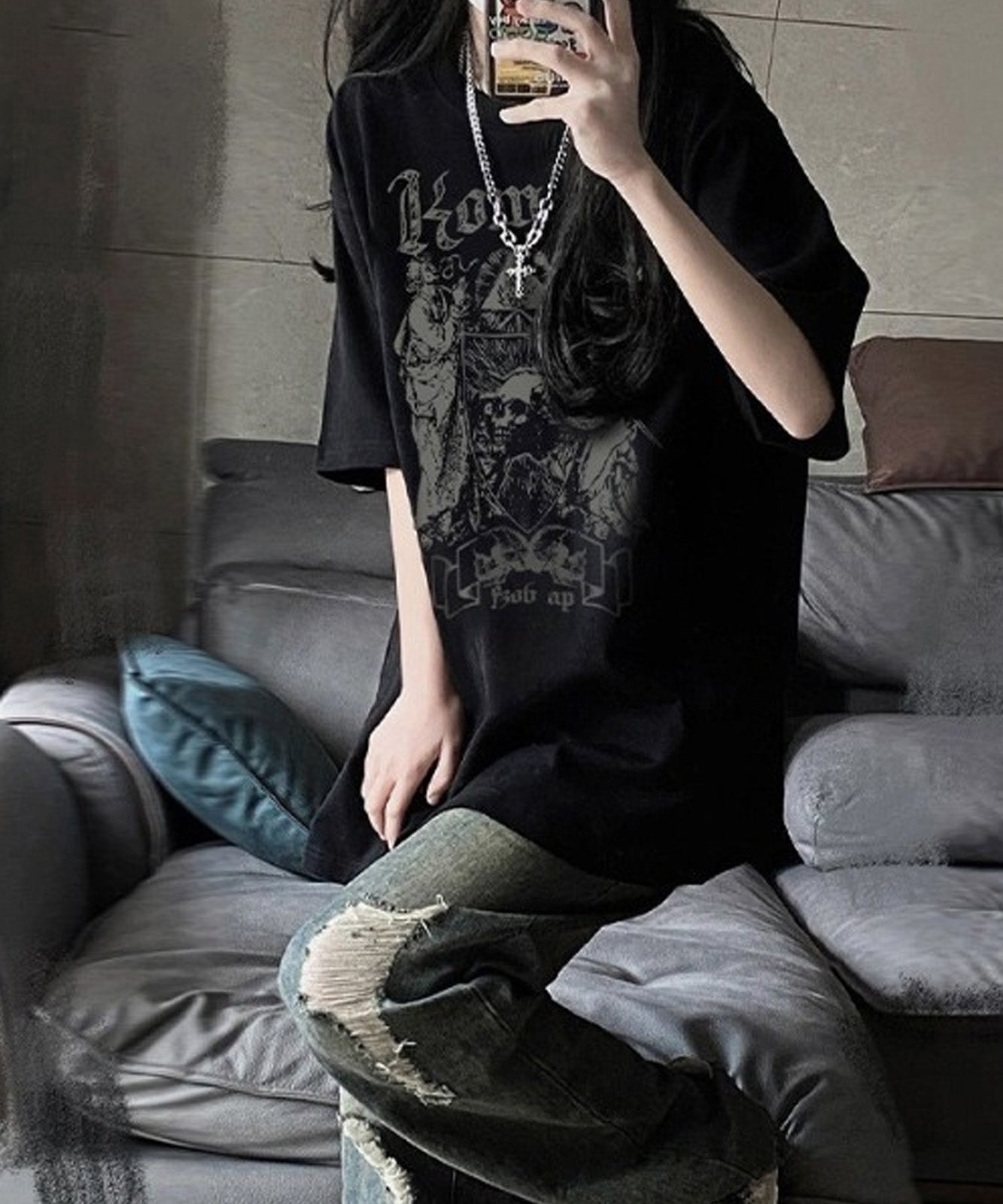 DEVICE select オーバーサイズ ドクログラフィック スカルプリント 半袖Tシャツ メンズ レディース
