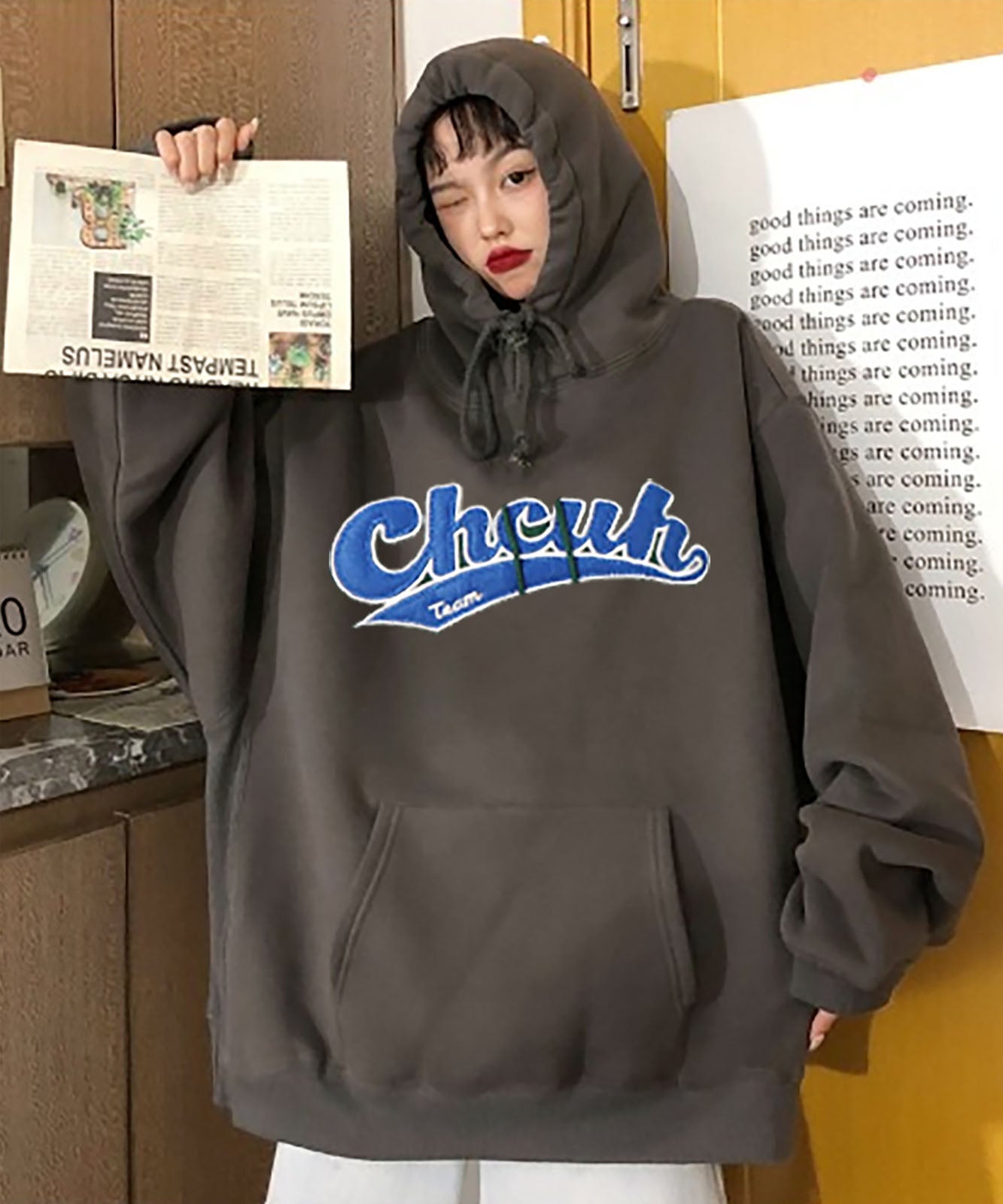 DEVICE select 韓国風ビッグシルエットフード付き カレッジロゴ フーディースウェット&パーカー メンズ レディース