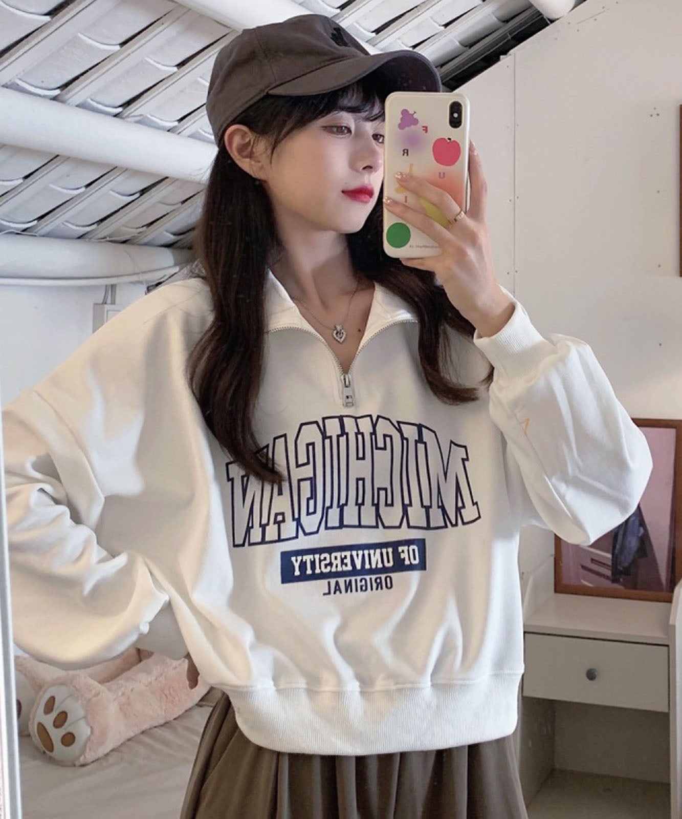 DEVICE select 韓国風 カレッジロゴ ショート丈 スウェット ハーフジップ トレーナー メンズ レディース ユニセックス