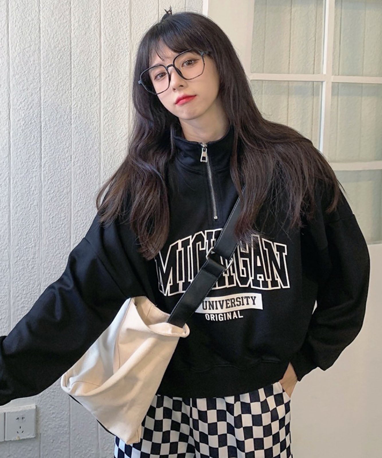 DEVICE select 韓国風 カレッジロゴ ショート丈 スウェット ハーフジップ トレーナー メンズ レディース ユニセックス
