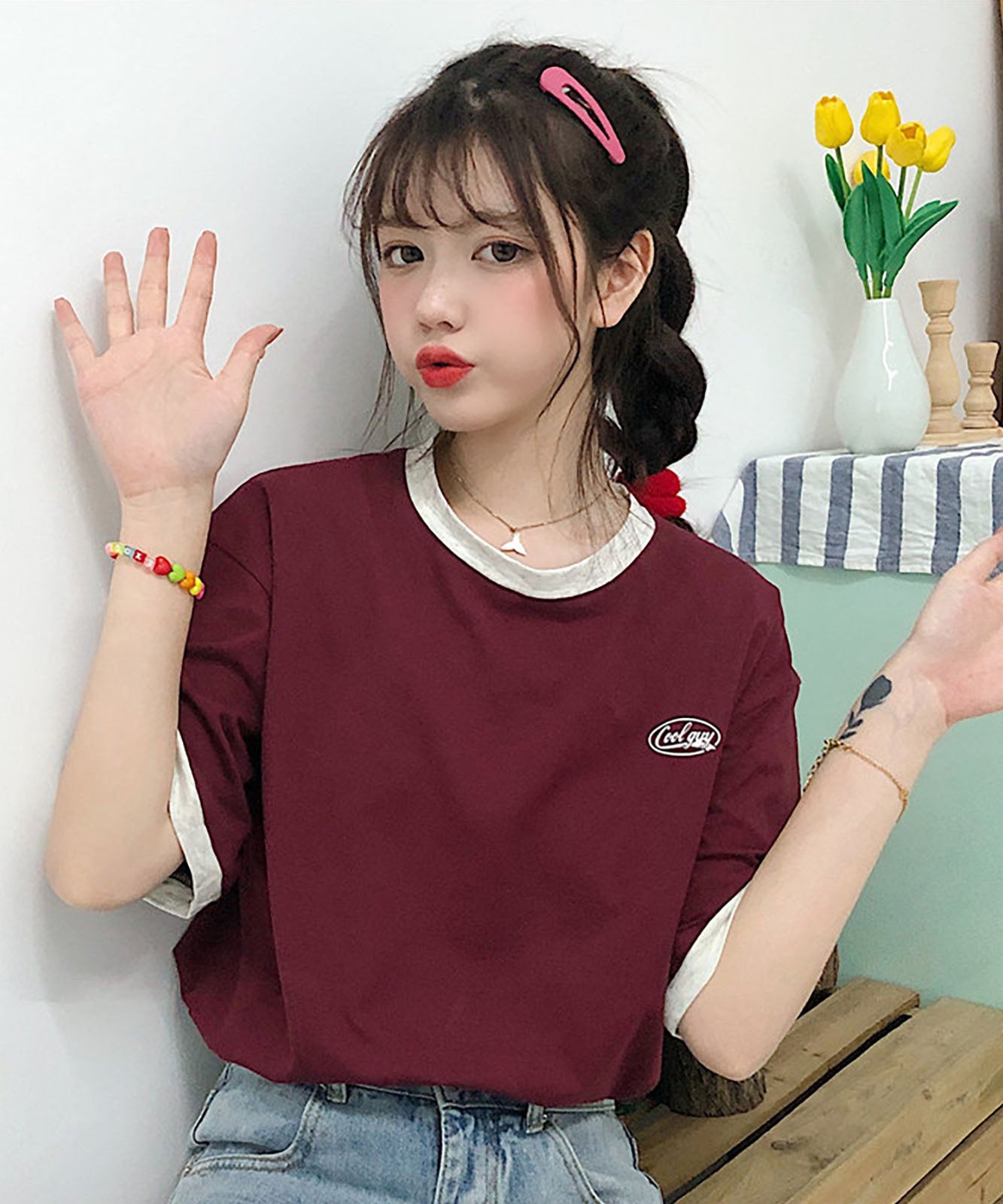 DEVICE select ワンポイントロゴ クルーネック リンガーTシャツ メンズ レディース ユニセックス