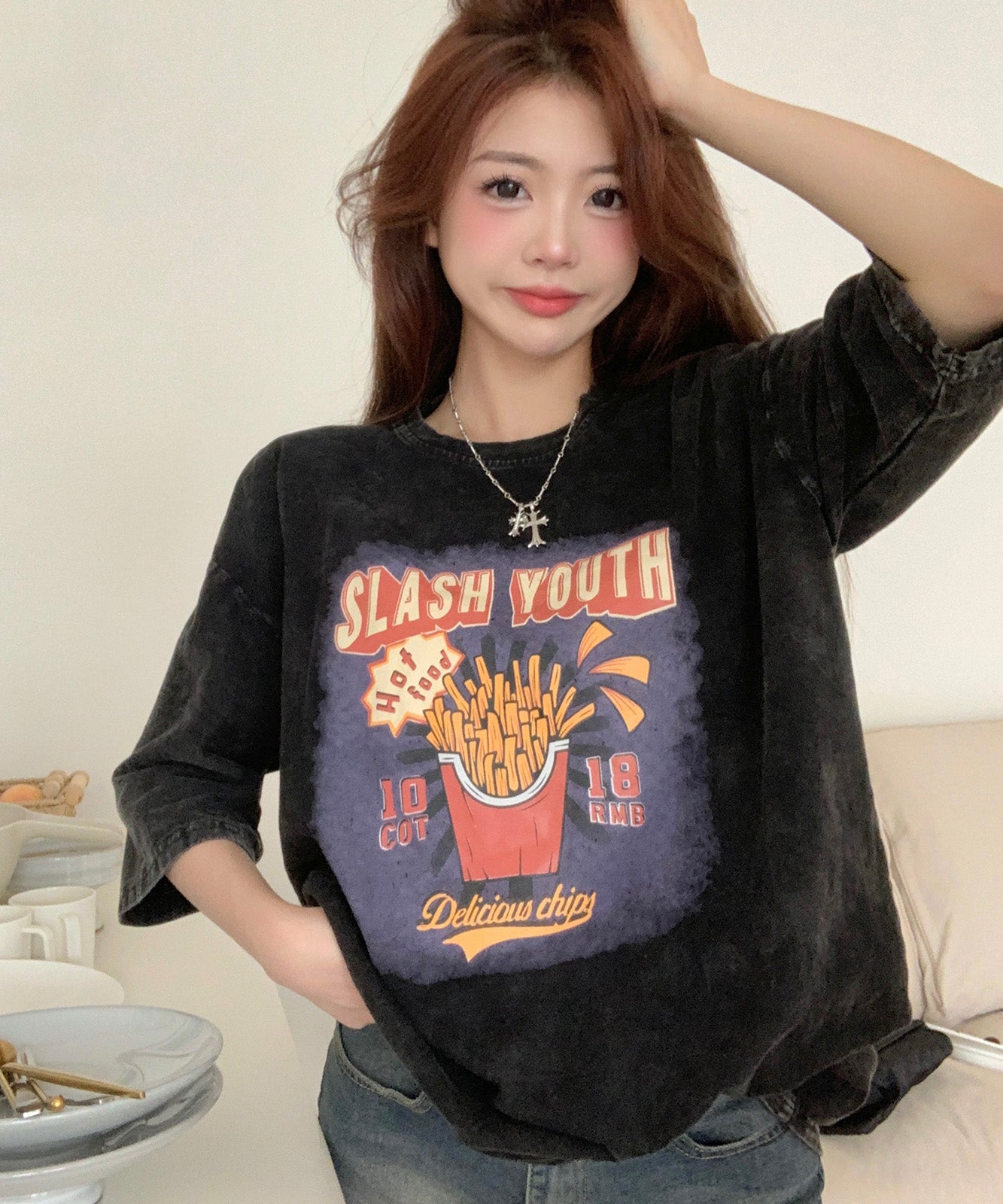 DEVICE select ビッグシルエット ジャンキープリント ピグメント 半袖 Tシャツ 古着風 フライドポテト カレッジロゴ メンズ レディース ユニセックス
