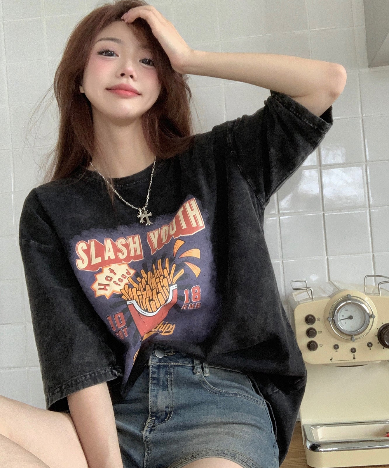 DEVICE select ビッグシルエット ジャンキープリント ピグメント 半袖 Tシャツ 古着風 フライドポテト カレッジロゴ メンズ レディース ユニセックス