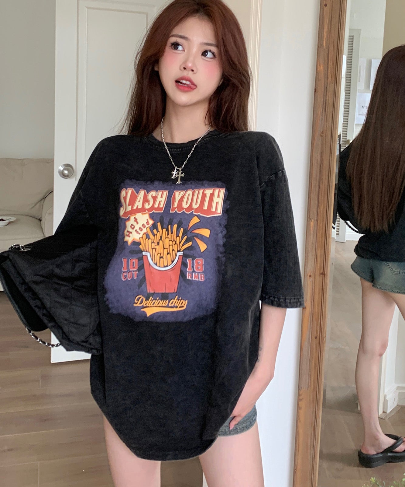 DEVICE select ビッグシルエット ジャンキープリント ピグメント 半袖 Tシャツ 古着風 フライドポテト カレッジロゴ メンズ レディース ユニセックス