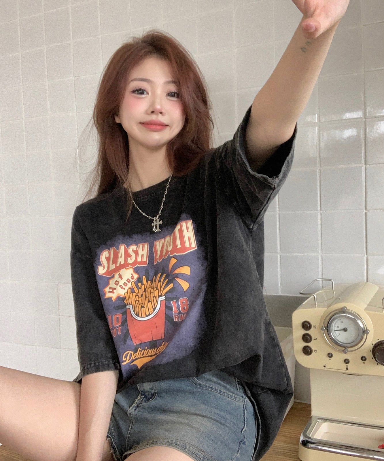 DEVICE select ビッグシルエット ジャンキープリント ピグメント 半袖 Tシャツ 古着風 フライドポテト カレッジロゴ メンズ レディース ユニセックス