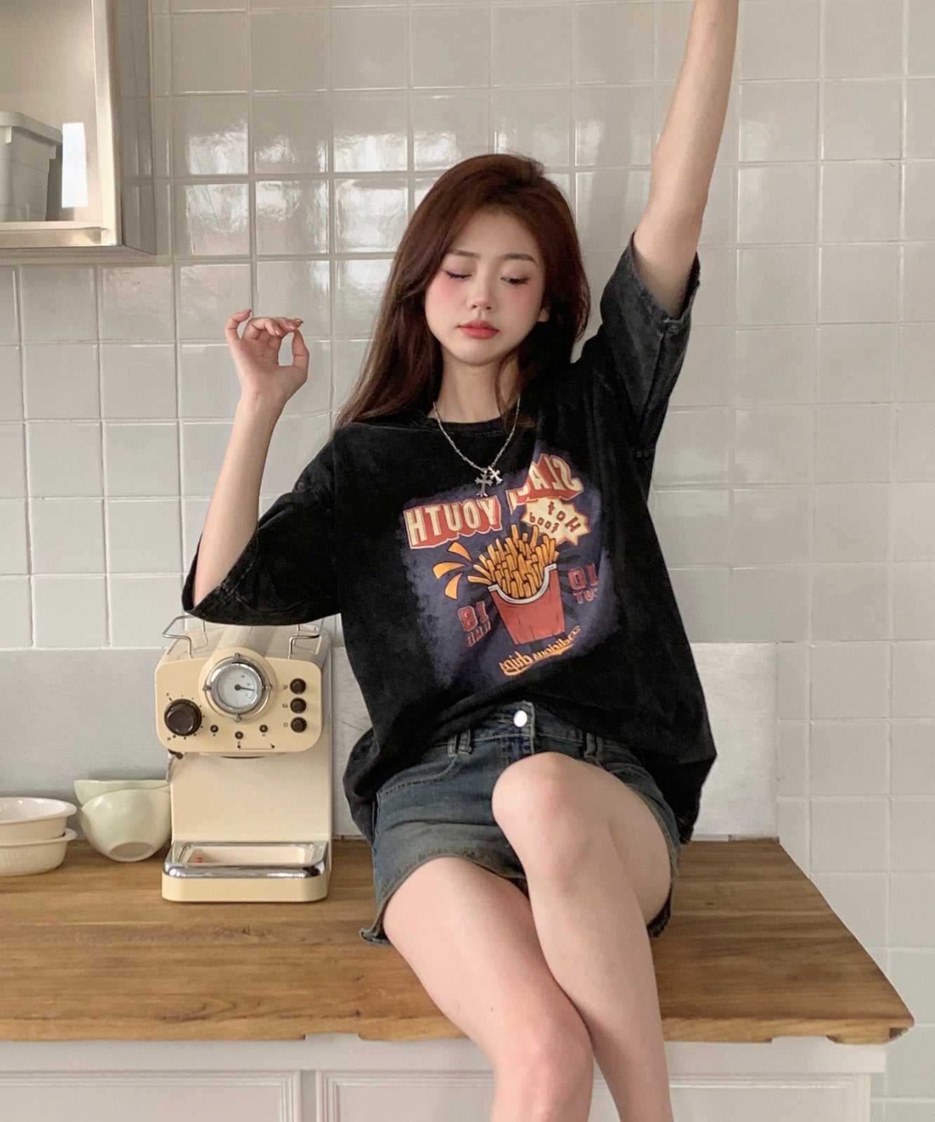 DEVICE select ビッグシルエット ジャンキープリント ピグメント 半袖 Tシャツ 古着風 フライドポテト カレッジロゴ メンズ レディース ユニセックス