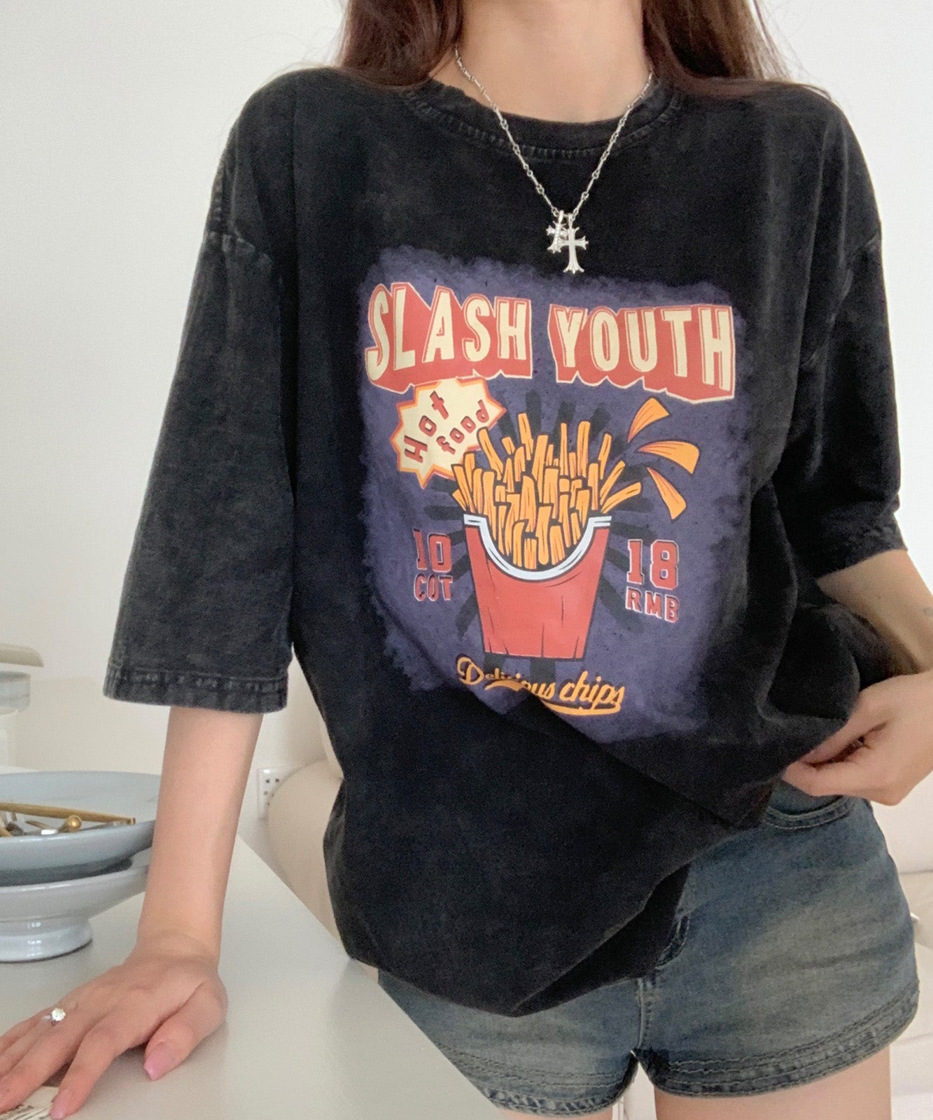 DEVICE select ビッグシルエット ジャンキープリント ピグメント 半袖 Tシャツ 古着風 フライドポテト カレッジロゴ メンズ レディース ユニセックス