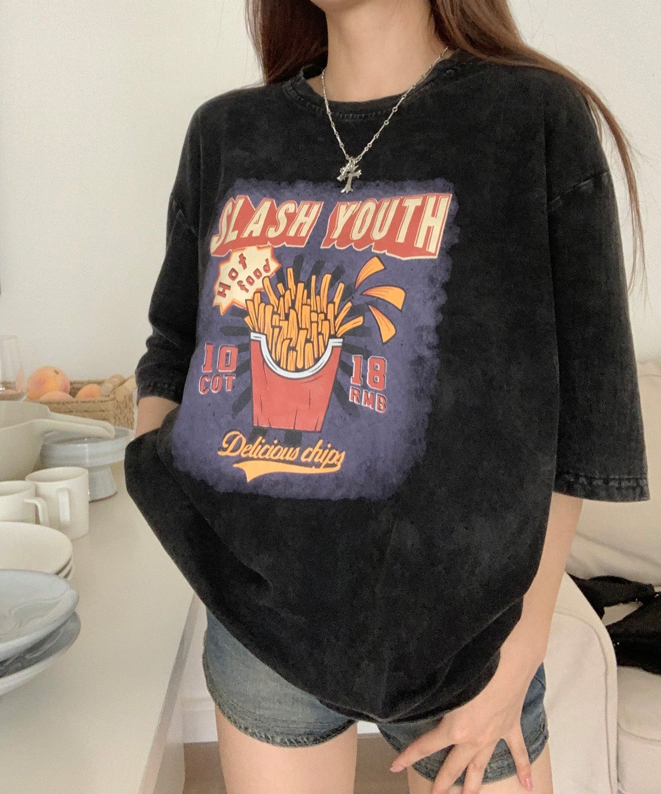 DEVICE select ビッグシルエット ジャンキープリント ピグメント 半袖 Tシャツ 古着風 フライドポテト カレッジロゴ メンズ レディース ユニセックス