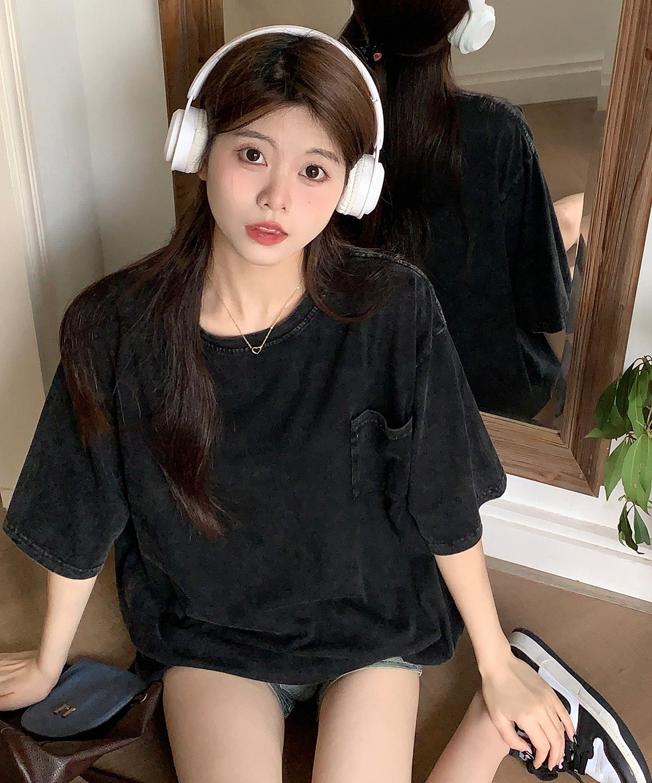 DEVICE select ビッグシルエット ジャンキープリント ピグメント 半袖 Tシャツ 古着風 フライドポテト カレッジロゴ メンズ レディース ユニセックス