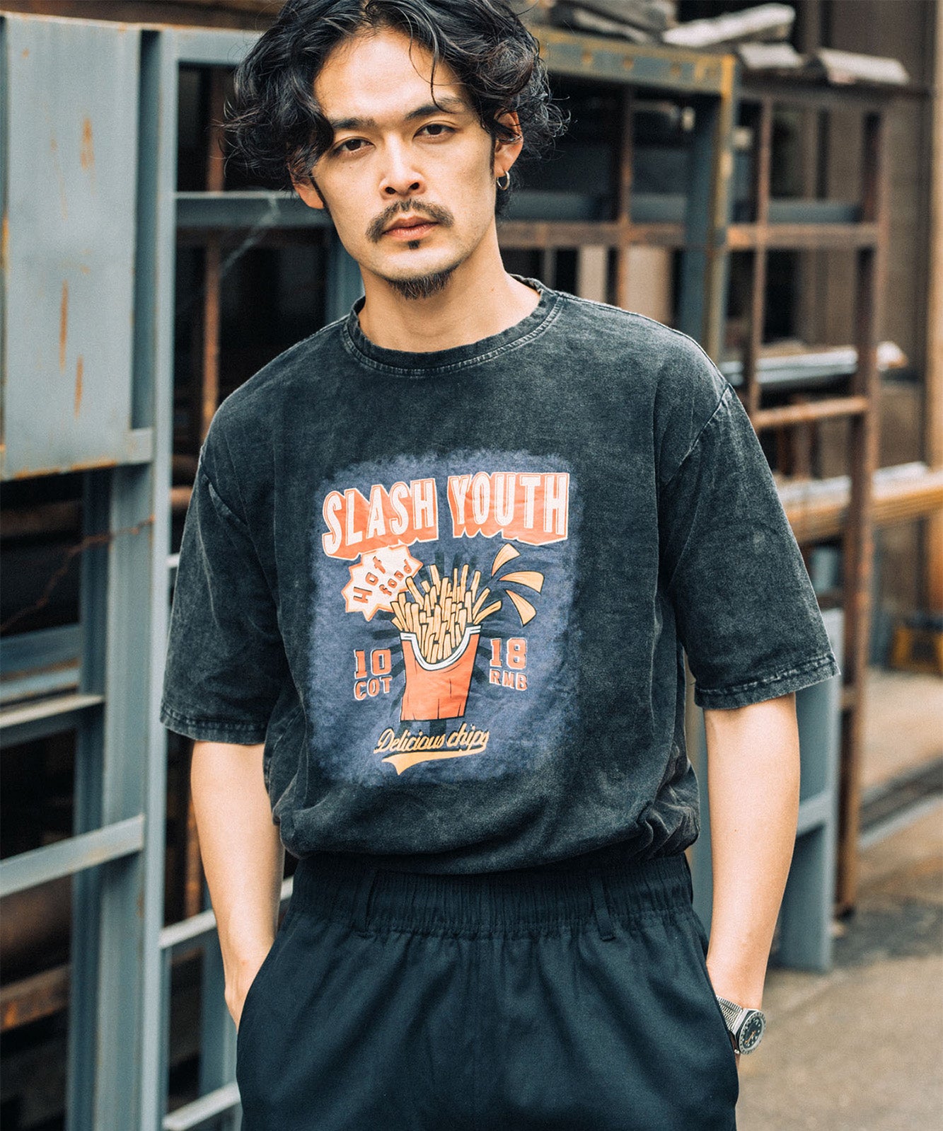 DEVICE select ビッグシルエット ジャンキープリント ピグメント 半袖 Tシャツ 古着風 フライドポテト カレッジロゴ メンズ レディース ユニセックス
