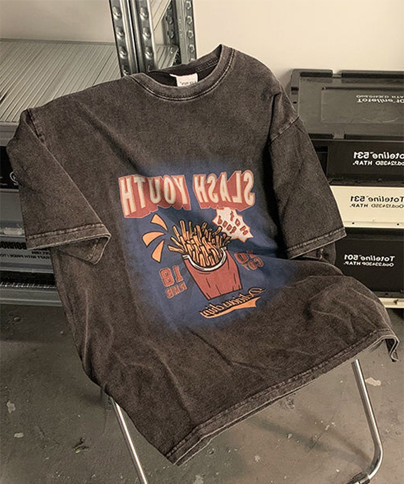 DEVICE select ビッグシルエット ジャンキープリント ピグメント 半袖 Tシャツ 古着風 フライドポテト カレッジロゴ メンズ レディース ユニセックス