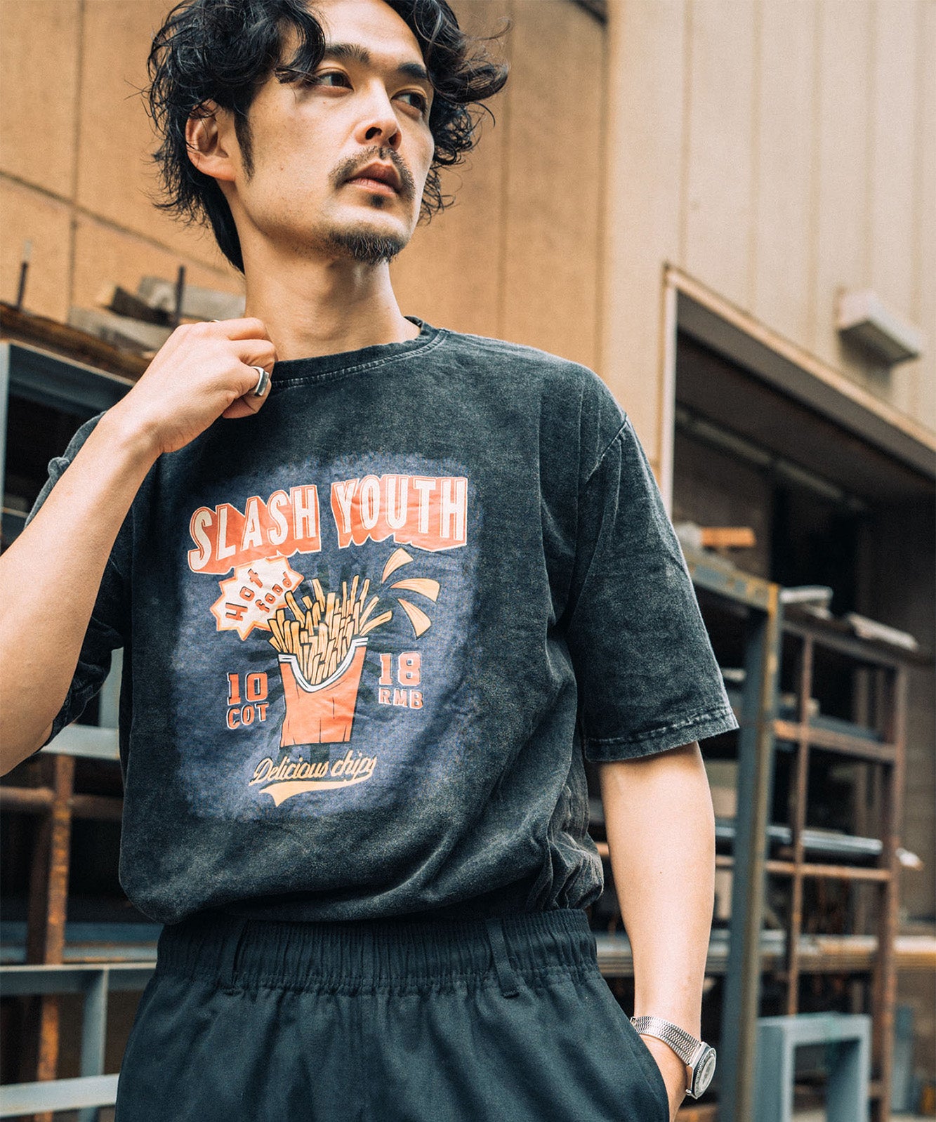DEVICE select ビッグシルエット ジャンキープリント ピグメント 半袖 Tシャツ 古着風 フライドポテト カレッジロゴ メンズ レディース ユニセックス