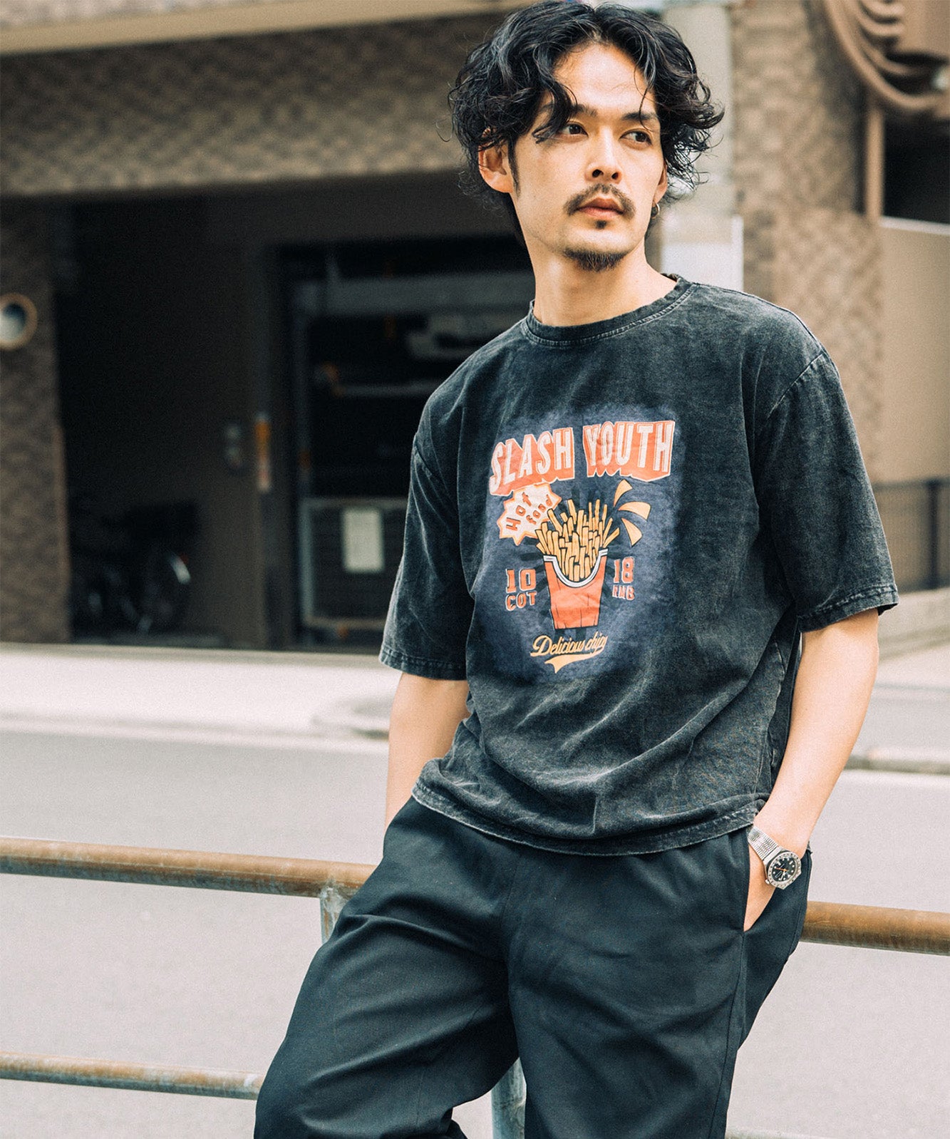 DEVICE select ビッグシルエット ジャンキープリント ピグメント 半袖 Tシャツ 古着風 フライドポテト カレッジロゴ メンズ レディース ユニセックス