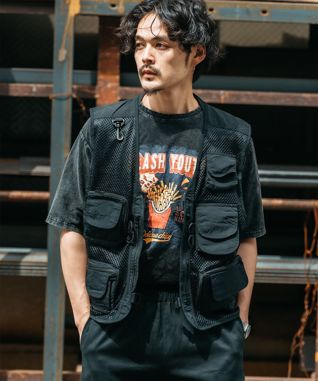 DEVICE select ビッグシルエット ジャンキープリント ピグメント 半袖 Tシャツ 古着風 フライドポテト カレッジロゴ メンズ レディース ユニセックス