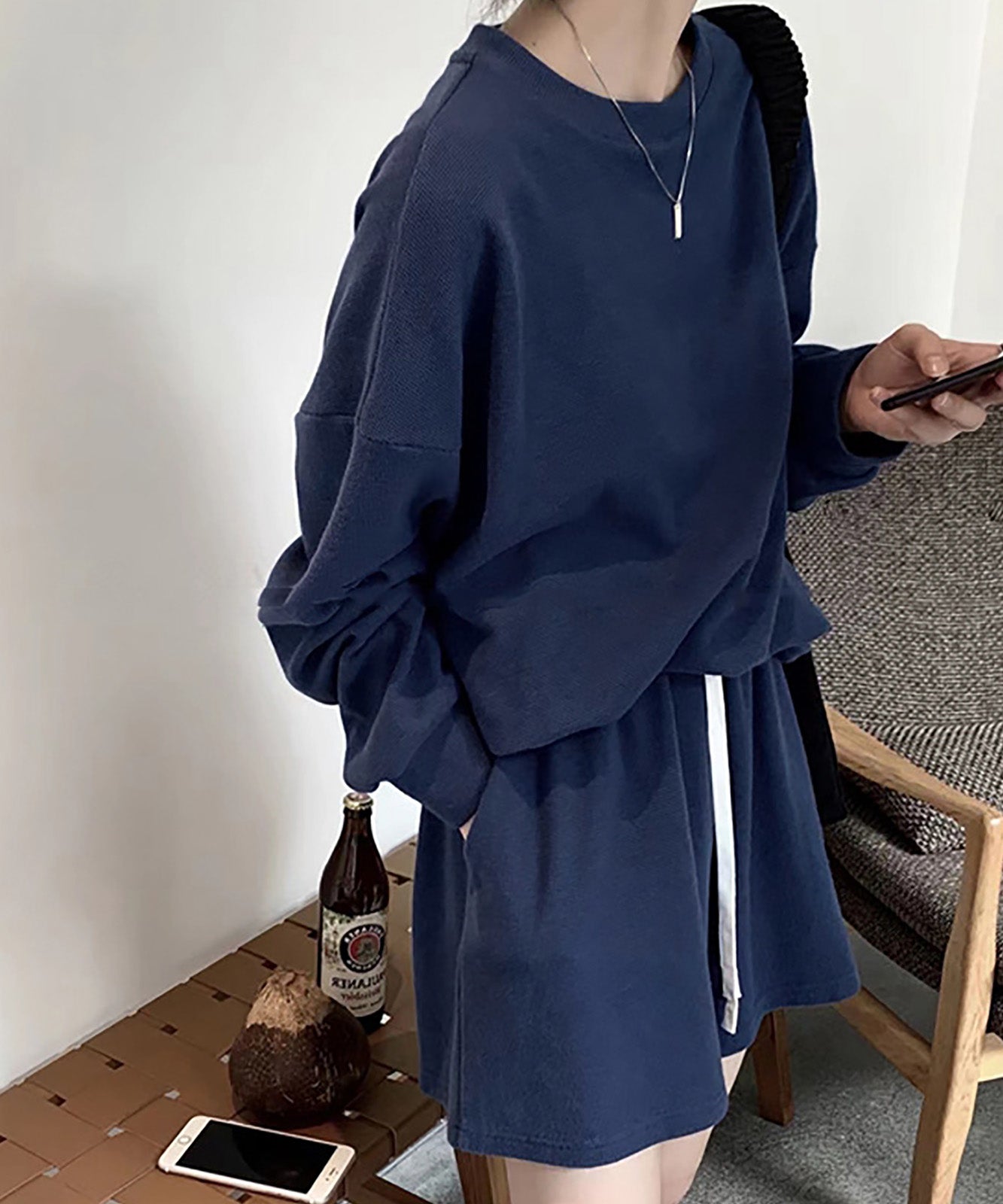ビッグシルエット ワッフル 上下 セットアップ トップス & ショートパンツ ルームウェア ワンマイルウェア ノームコア レディース