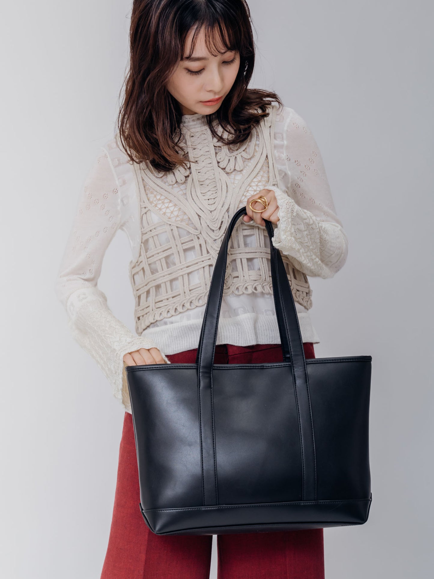 DEVICE＋ フェイクレザー シックデザイントートバッグ