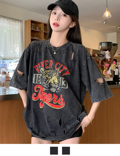 DEVICE select タイガープリント ダメージ加工 ピグメント 半袖 Tシャツ メンズ レディース