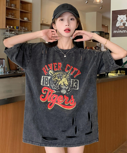 DEVICE select タイガープリント ダメージ加工 ピグメント 半袖 Tシャツ メンズ レディース