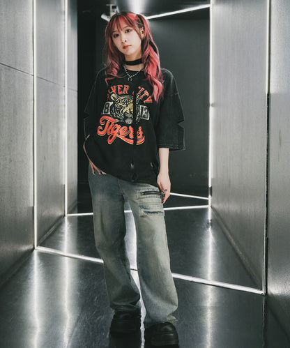 DEVICE select タイガープリント ダメージ加工 ピグメント 半袖 Tシャツ メンズ レディース