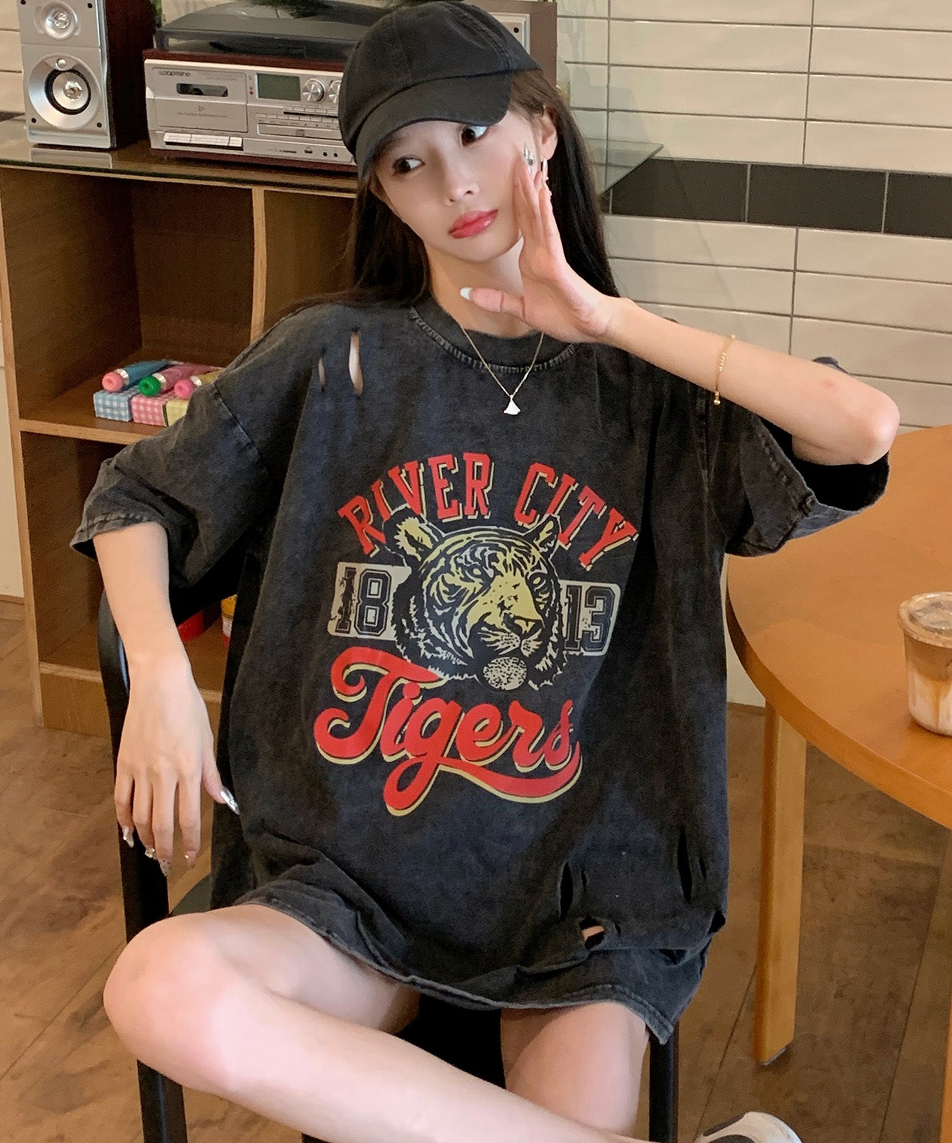 DEVICE select タイガープリント ダメージ加工 ピグメント 半袖 Tシャツ メンズ レディース