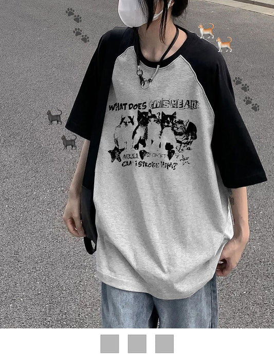 DEVICE select 猫ミーム キャット Y2K ロゴ グラフィック ルーズ ラグラン Tシャツ ノームコア メンズ レディース