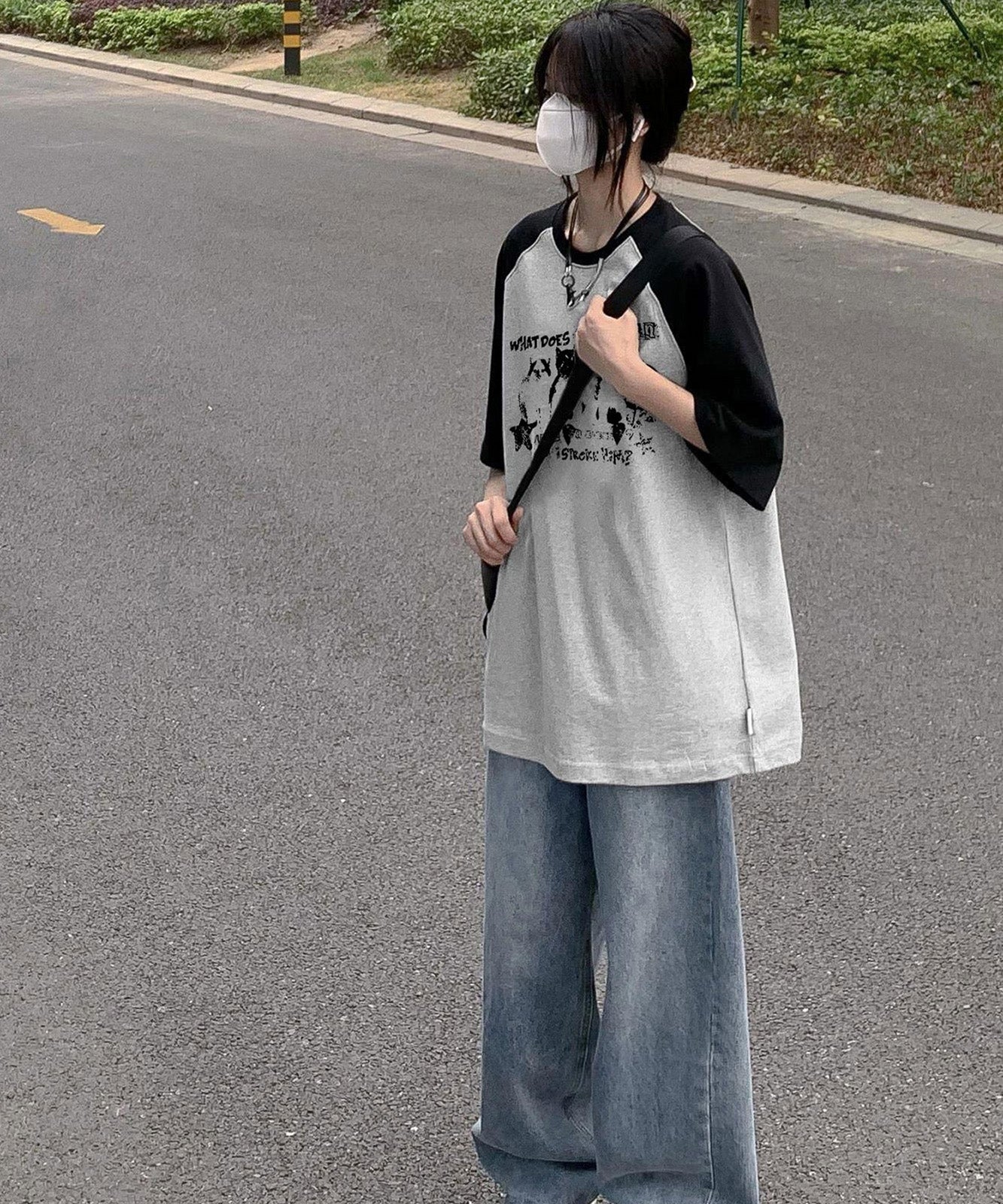DEVICE select 猫ミーム キャット Y2K ロゴ グラフィック ルーズ ラグラン Tシャツ ノームコア メンズ レディース