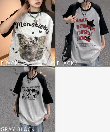 DEVICE select 猫ミーム キャット Y2K ロゴ グラフィック ルーズ ラグラン Tシャツ ノームコア メンズ レディース
