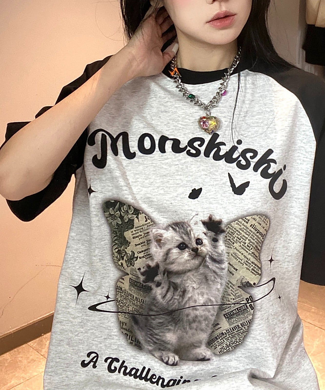 DEVICE select 猫ミーム キャット Y2K ロゴ グラフィック ルーズ ラグラン Tシャツ ノームコア メンズ レディース