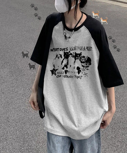 DEVICE select 猫ミーム キャット Y2K ロゴ グラフィック ルーズ ラグラン Tシャツ ノームコア メンズ レディース
