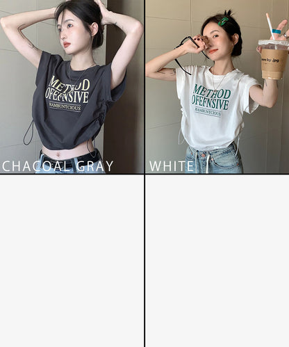 DEVICE select Y2K クロップド ショート丈 ドロースト ヴィンテージライク 古着半袖Tシャツ レディース