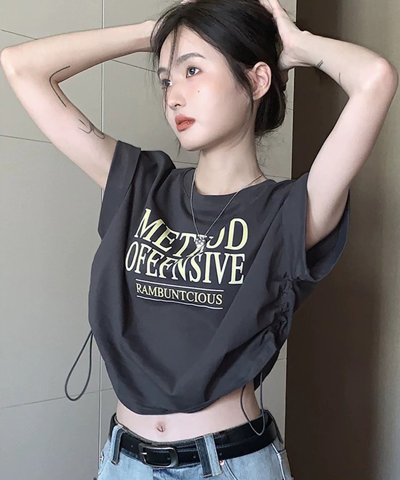DEVICE select Y2K クロップド ショート丈 ドロースト ヴィンテージライク 古着半袖Tシャツ レディース