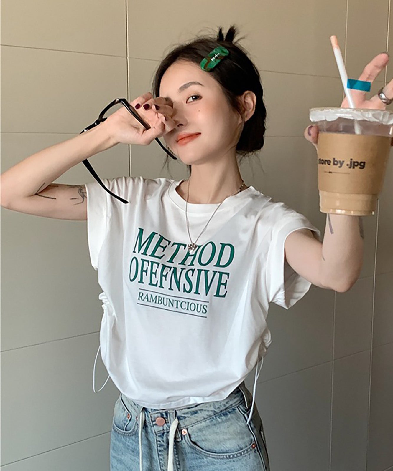 DEVICE select Y2K クロップド ショート丈 ドロースト ヴィンテージライク 古着半袖Tシャツ レディース