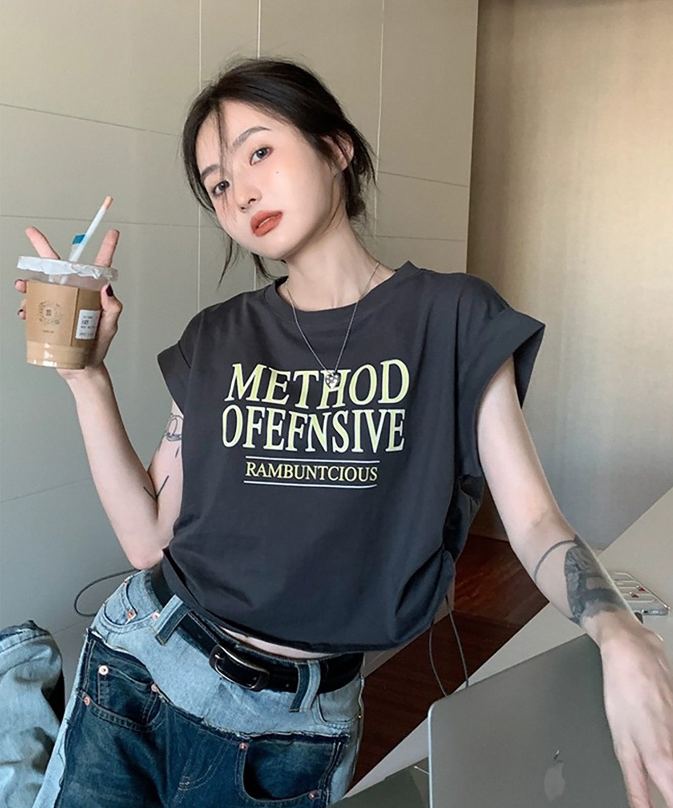 DEVICE select Y2K クロップド ショート丈 ドロースト ヴィンテージライク 古着半袖Tシャツ レディース
